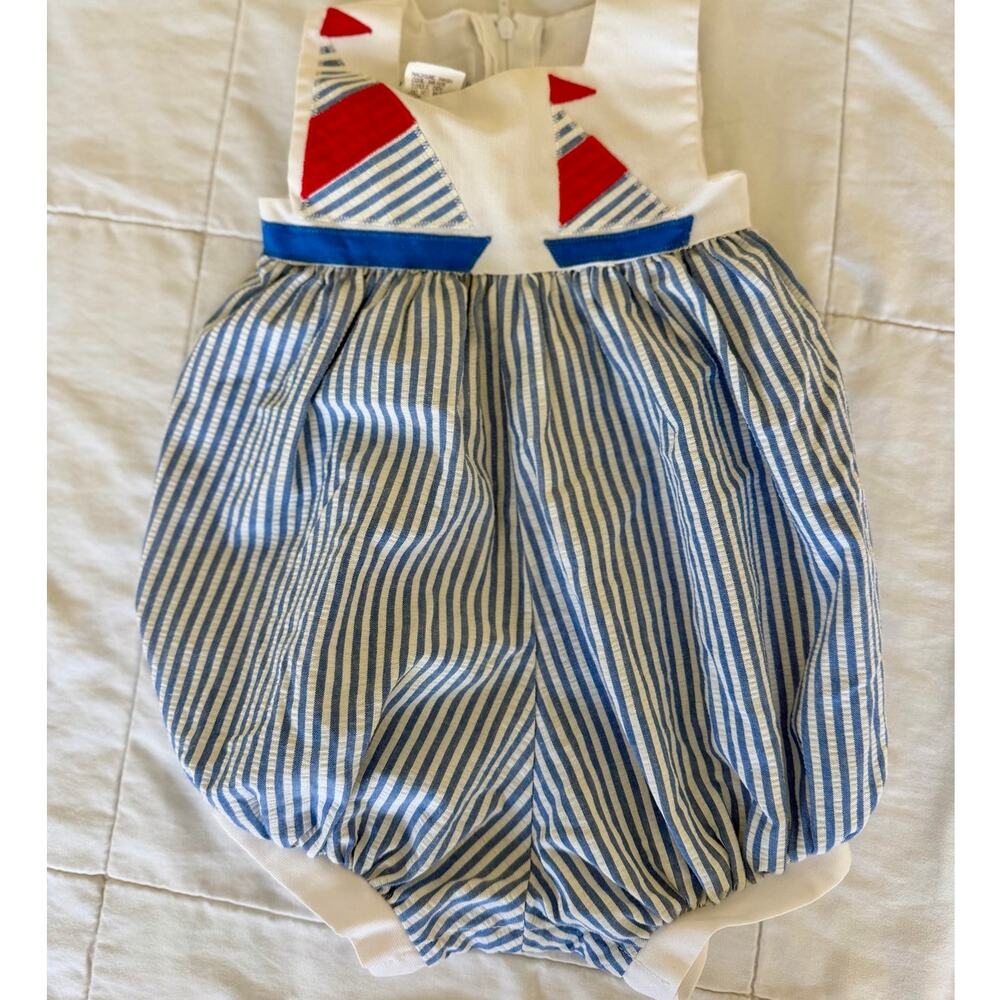 Vintage Sylvia Whyte Nautical Sailboat seersucker romper bubble made in USA 12mo